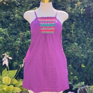 Y2K Roxy Boho Purple Embroidered Beaded Mini Sun Dress Sleeveless Pockets - M